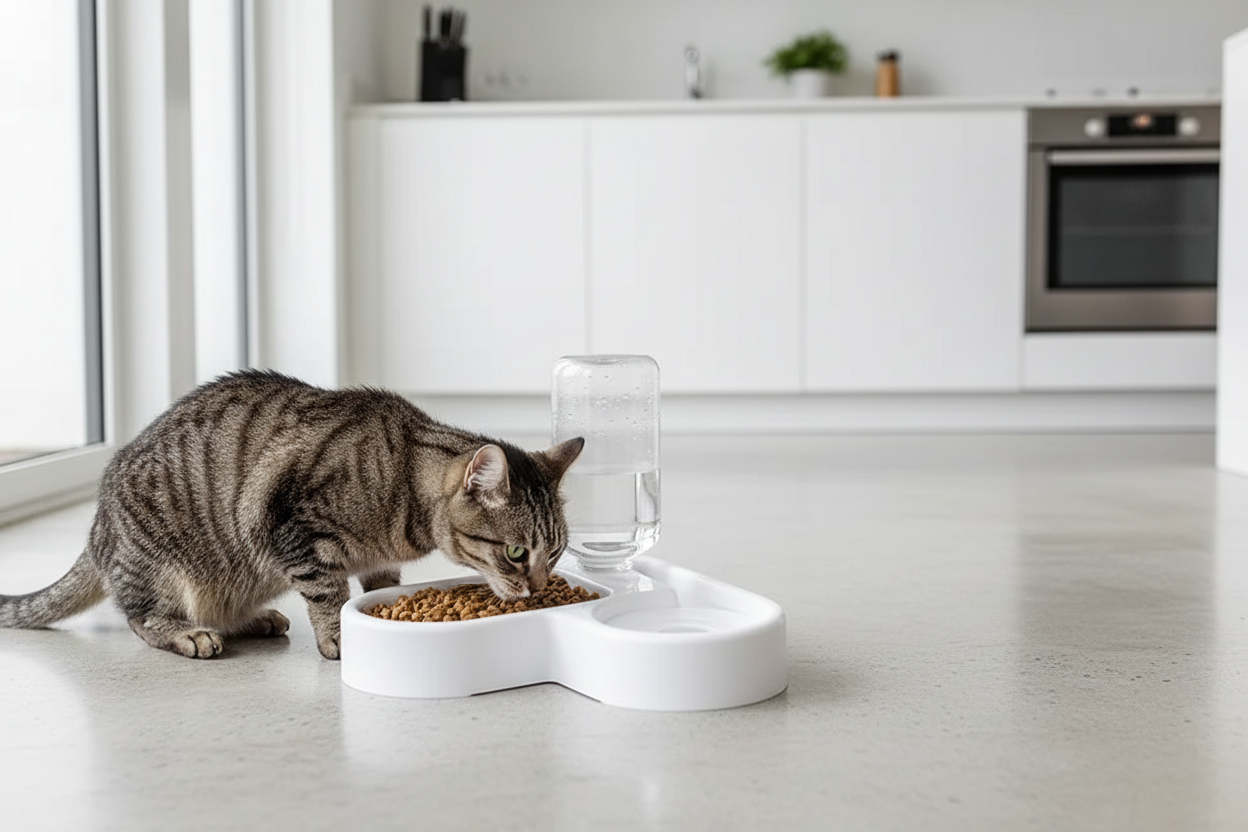 Chat avec gamelle design réel