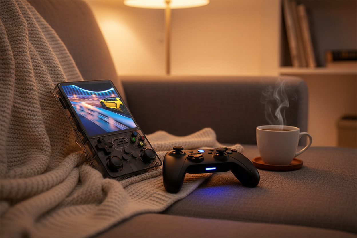 Console sur canapé avec café