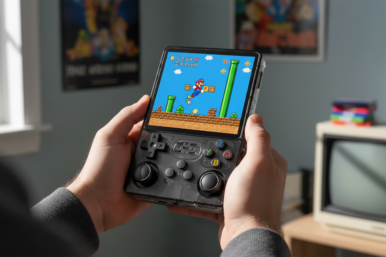 Console tenue en train de jouer