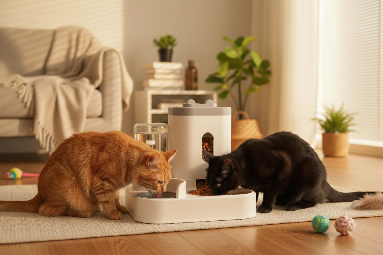 Deux chats utilisant le distributeur