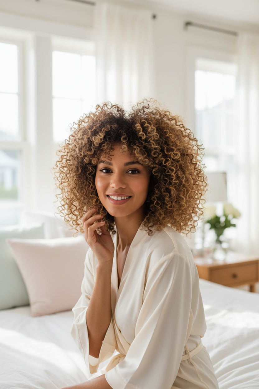 Femme avec boucles naturelles le matin