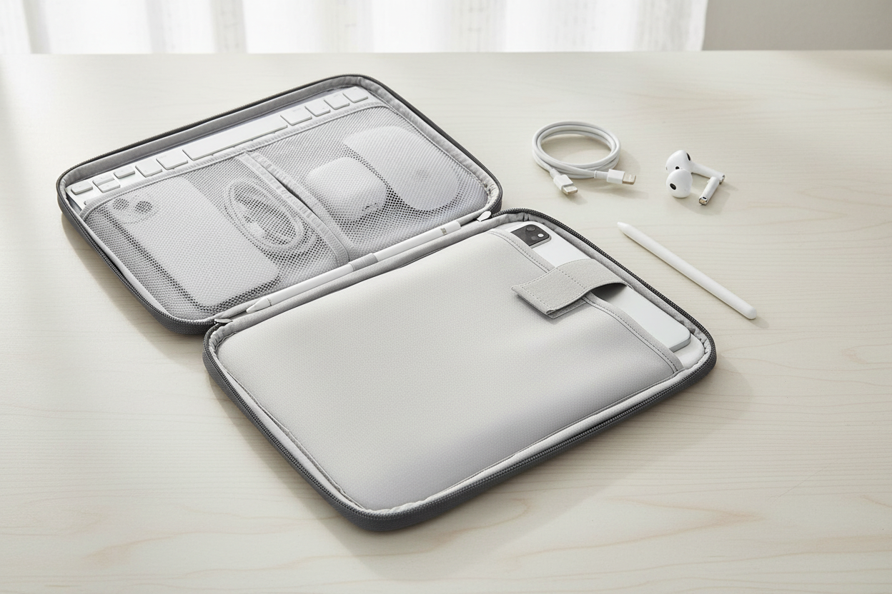 Housse avec iPad sur table en bois