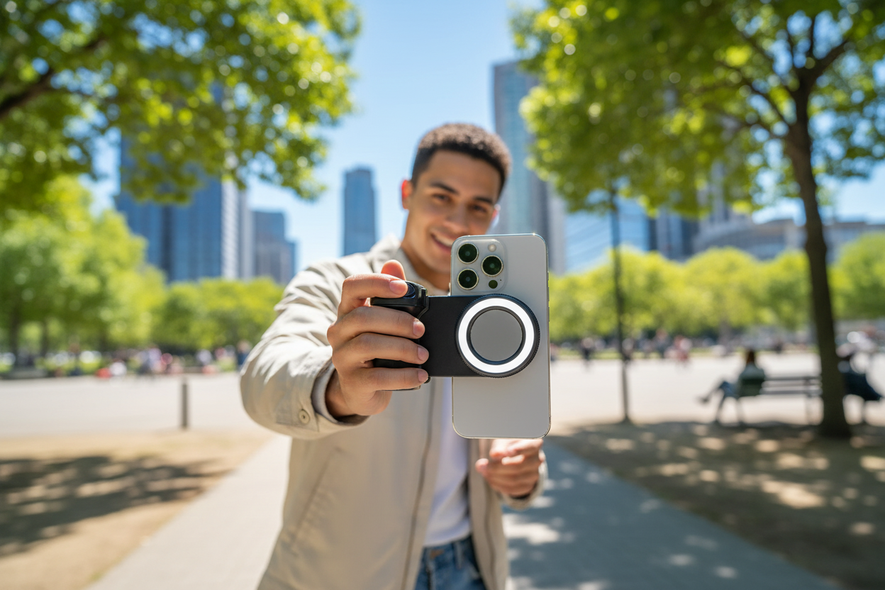 Personne filmant avec le grip dans un parc